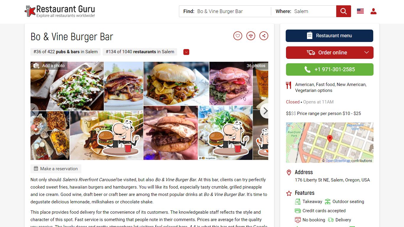 Bo & Vine Burger Bar in Salem - Restaurant menu and reviews